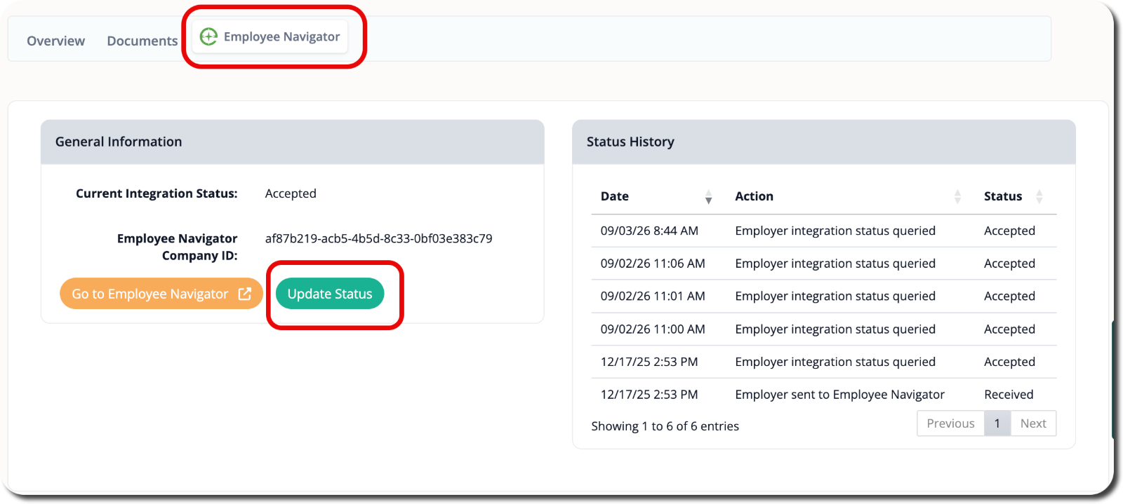 Employee Navigator sync panel showing missing company ID and Update Status button