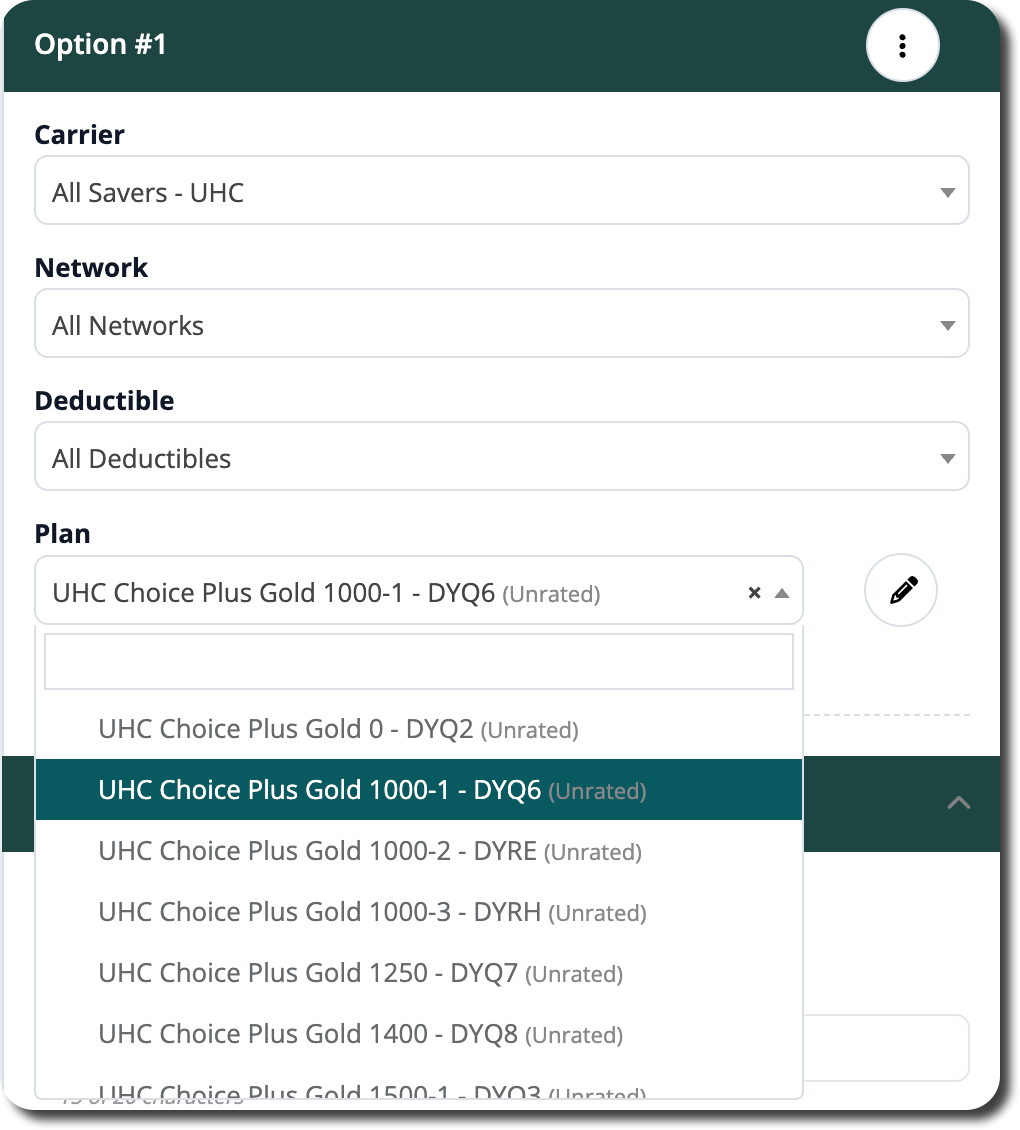 Quote card showing an Unrated UnitedHealthcare plan with the Quote / Budget Rates section open